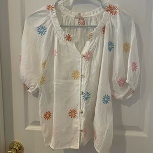 Hem & Thread Floral Embroidered Blouse - White with Multicolor Accents